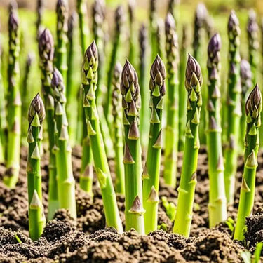 Young asparagus spears emerging from garden soil