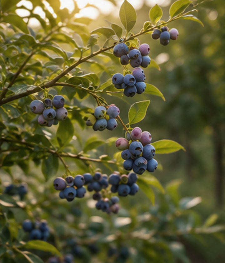Blueberries ripening naturally on a leafy outdoor shrub