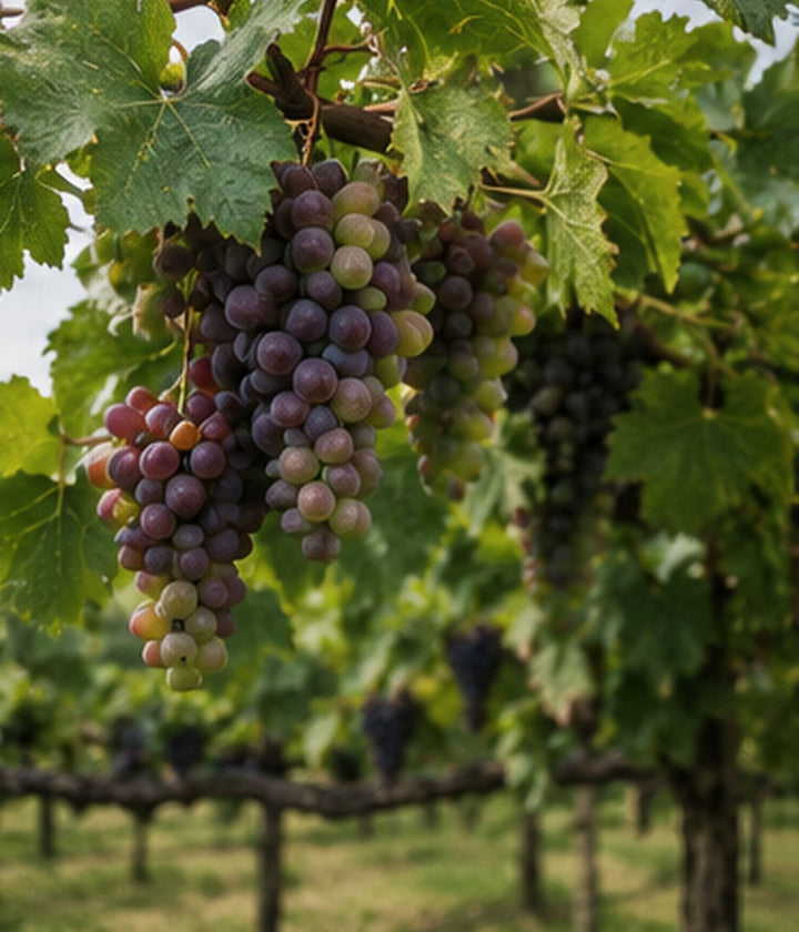 Grapes ripening naturally on vines in an outdoor fruit garden