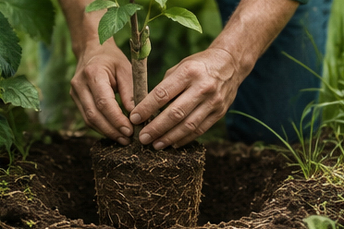 A gardener planting a young tree in prepared outdoor soil