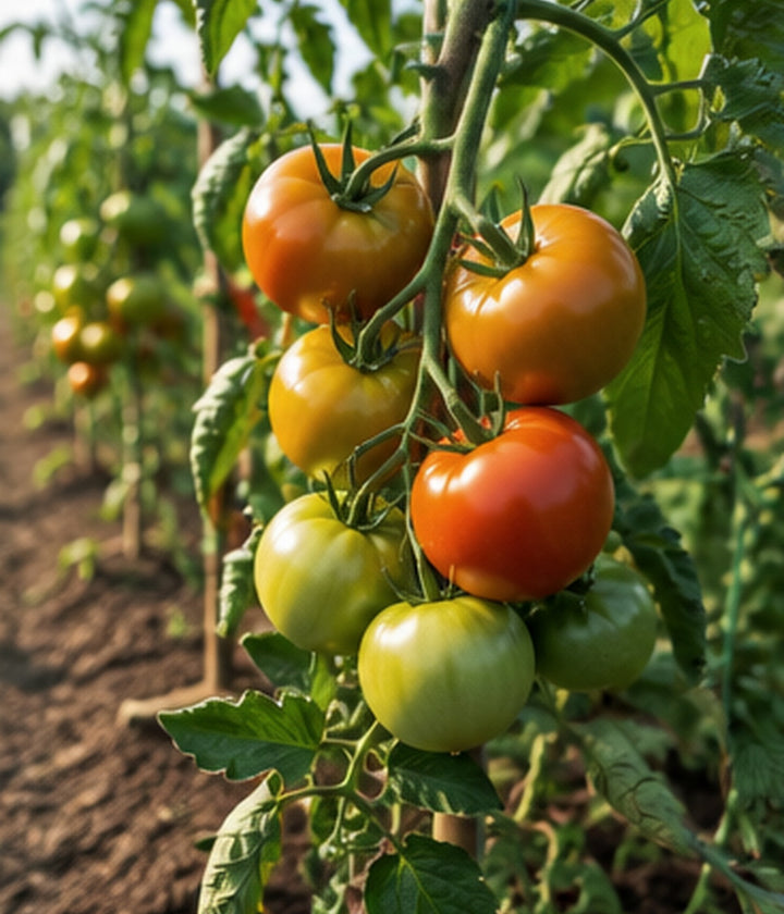 Tomatoes and other fruiting vegetables ripening naturally in a home garden