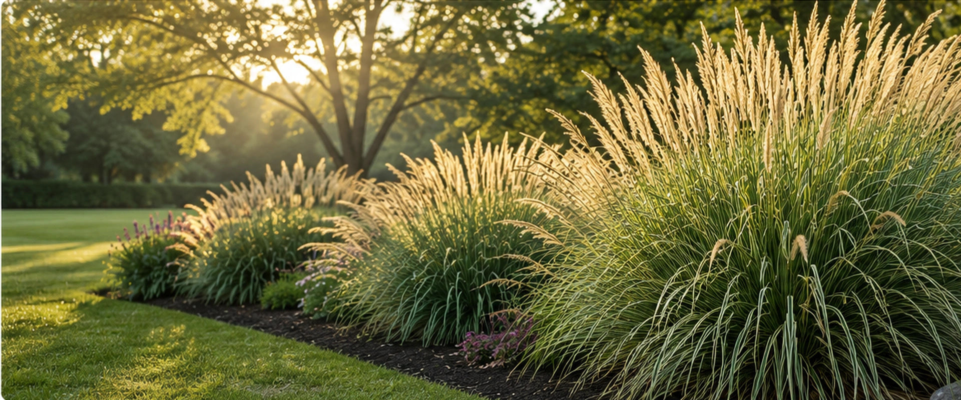 Mature ornamental grasses in a landscaped garden
