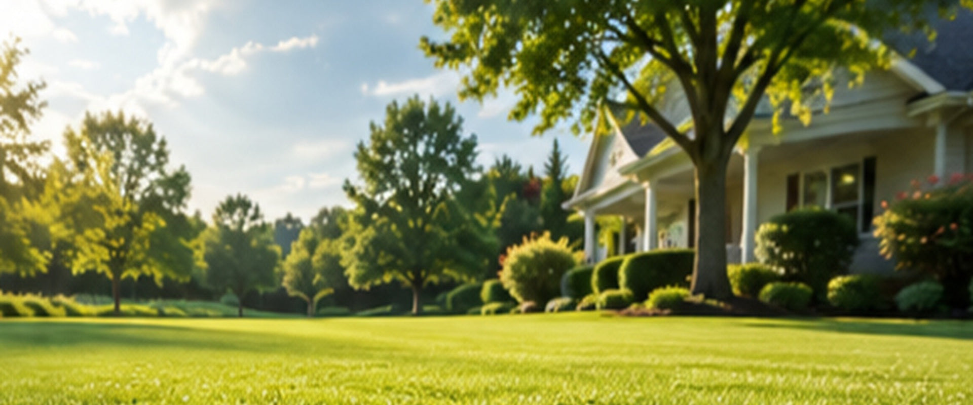 Manicured residential lawn with trees and landscaped garden