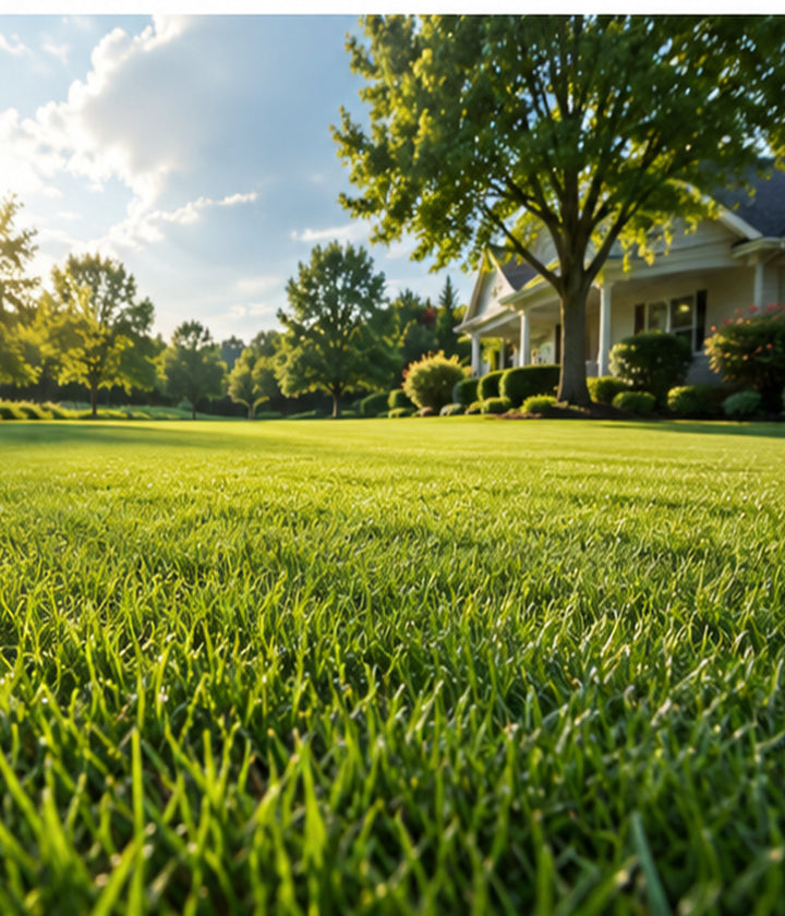 Sunlit residential lawn with trees and house