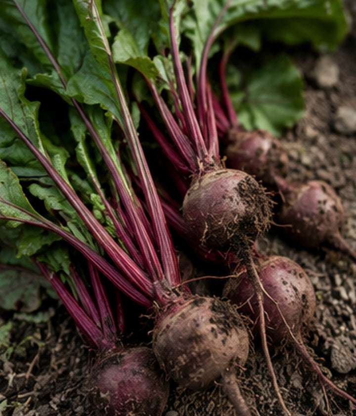 Freshly harvested root vegetables resting in garden soil