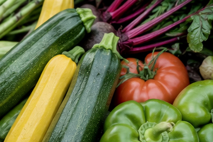 Fresh tomatoes and vegetables collected after a home garden harvest