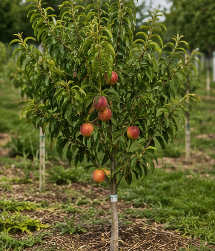 A young fruit tree growing in a naturally maintained orchard