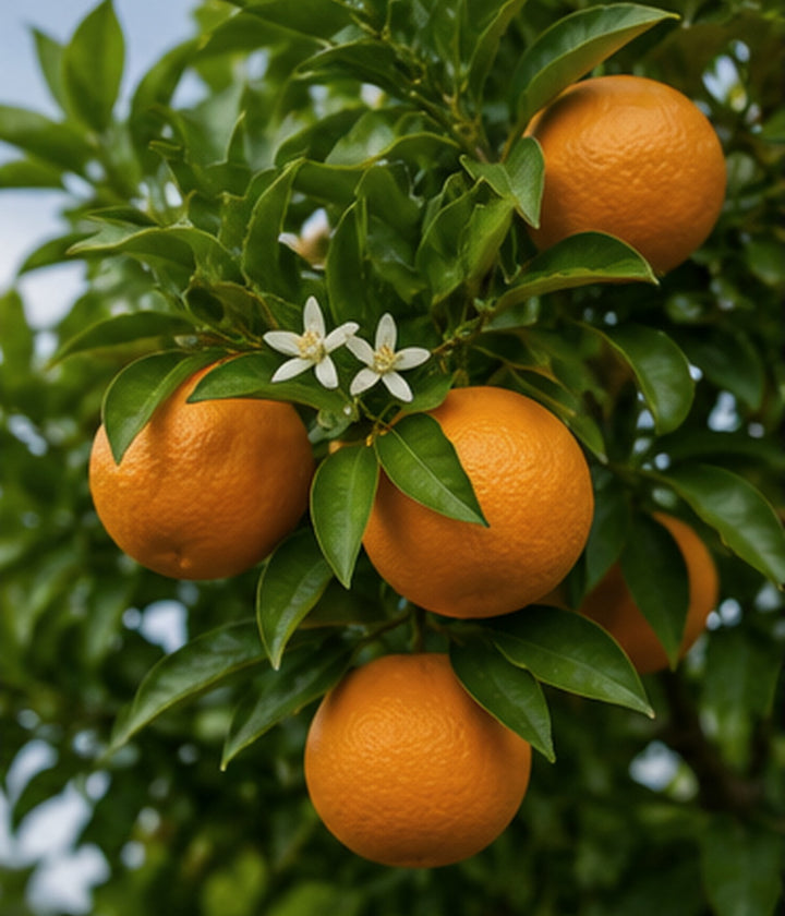 Citrus fruit growing naturally among healthy green leaves