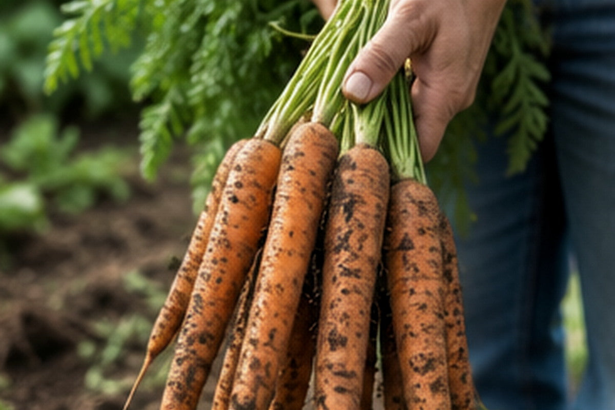 A home gardener harvesting vegetables beside a productive garden bed